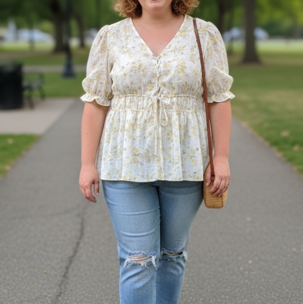 Haver Of London Plus Size 1X Floral Puff Sleeve Top - Cream and Yellow